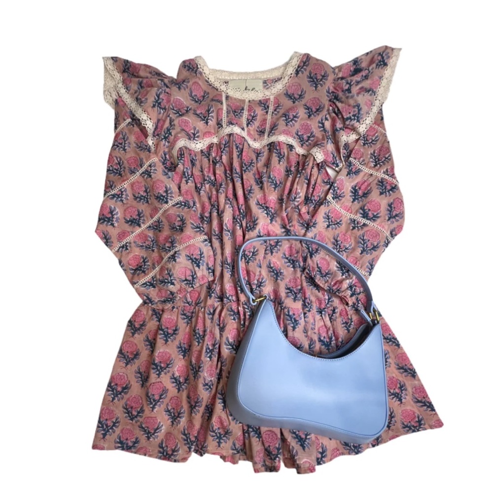 Floral Pink Dress with Lace Trim